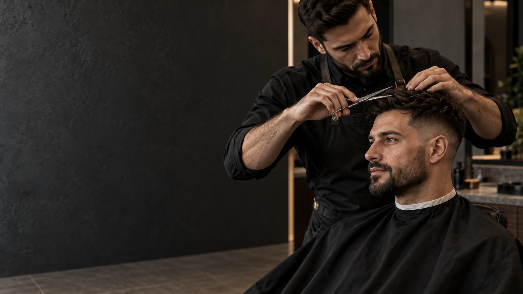 Barber making the finishing scissor cuts in the studio