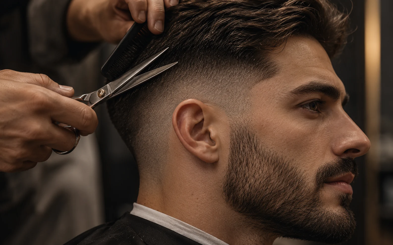 Close detail of a balanced skin fade and natural hair texture